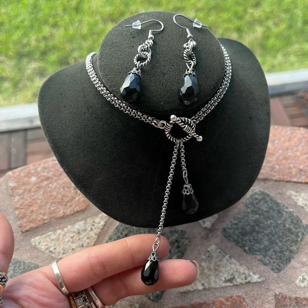 Y shape lariat double chain necklace Set black crystals ( necklace + earrings )_10